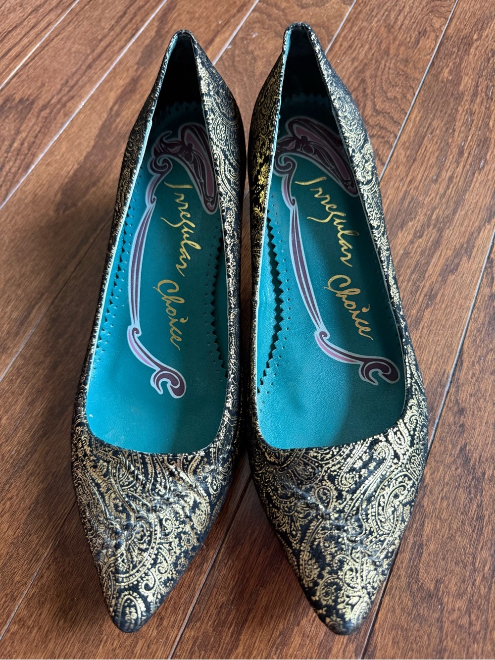 Irregular Choice Black and Gold Paisley Pointed Flats